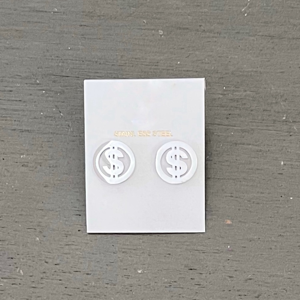 Dollar Sign Money Currency Humor Prosperity Silver Stainless Steel 1/2” Earrings